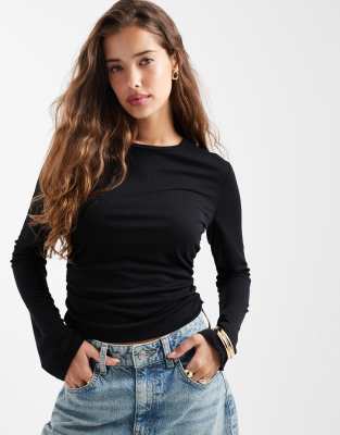 Only Ruched Detail Textured Top In Black