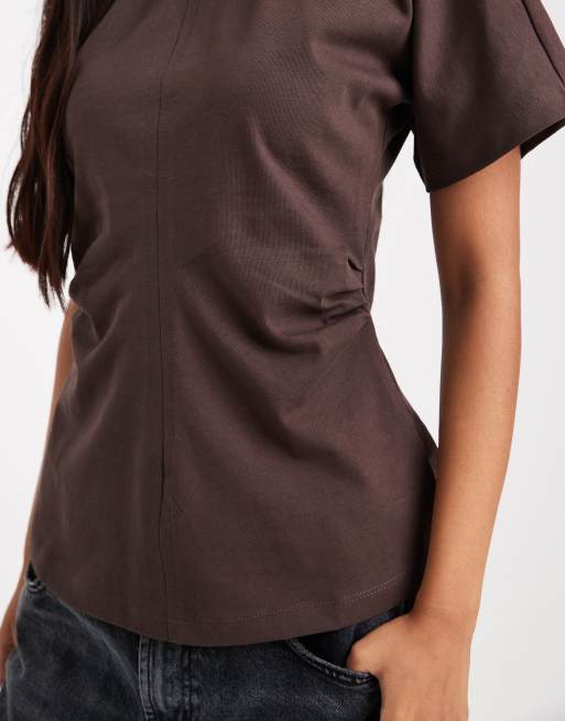 ONLY ruched detail top in brown, 2 of 4