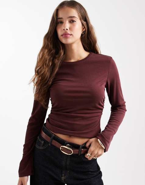 ONLY ruched detailing textured top in dark burgundy - view 1