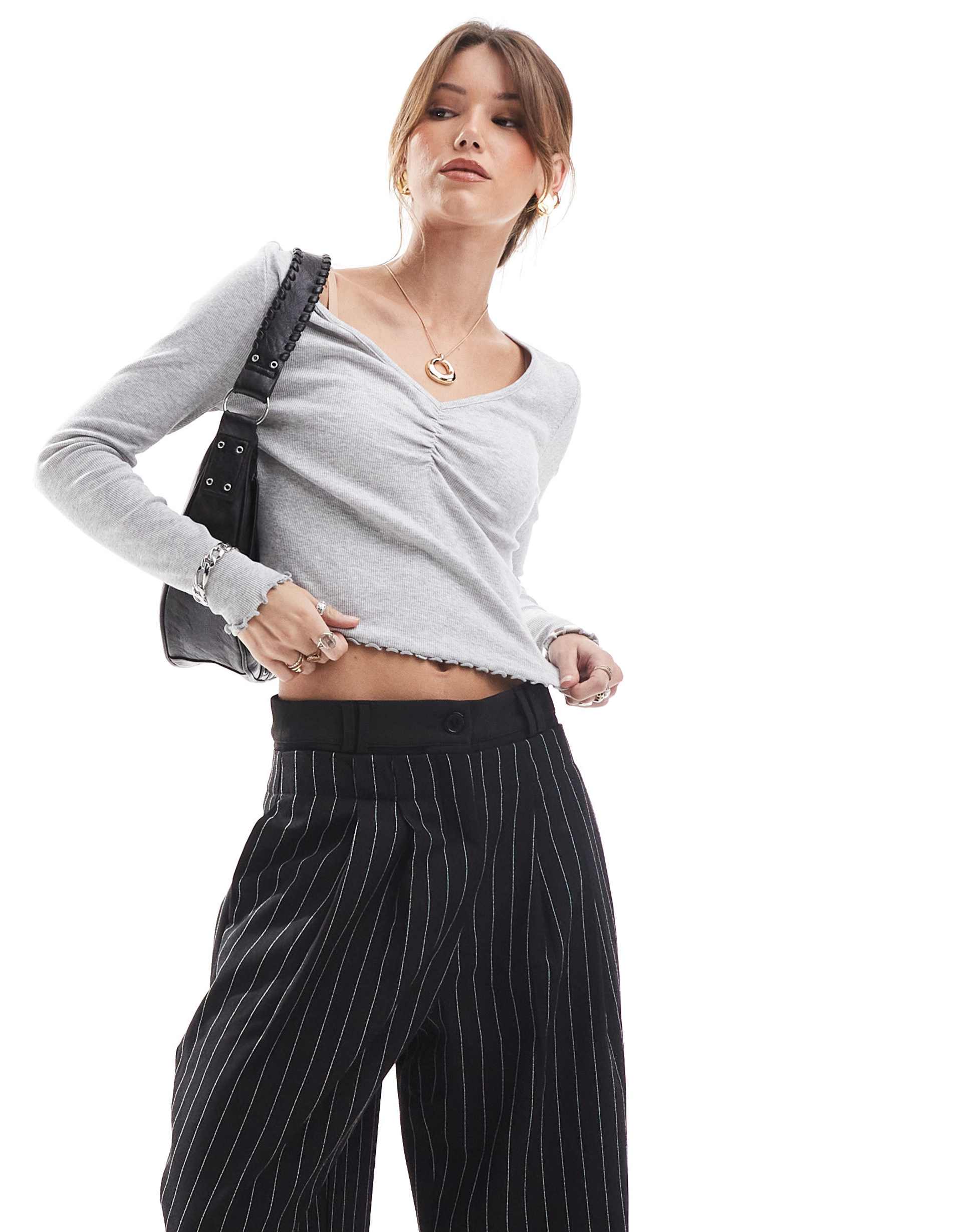 only ruched front detail long sleeve top in light gray