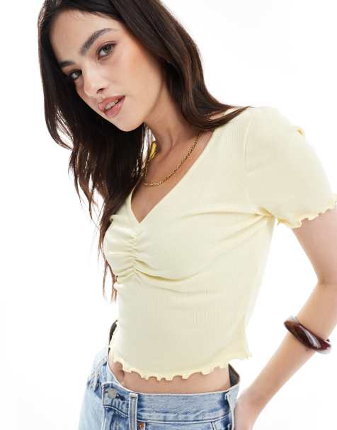 ONLY ruched front detail short sleeve crop top in light yellow - view 1
