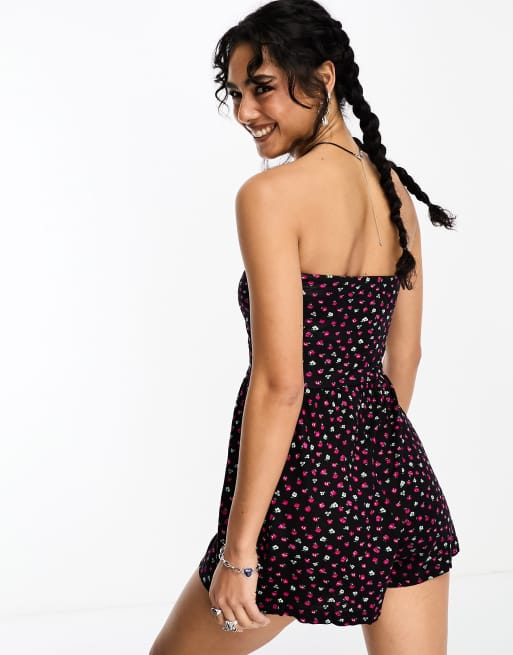 hul mineral stout Only ruched front strapless romper in black and red ditsy floral | ASOS