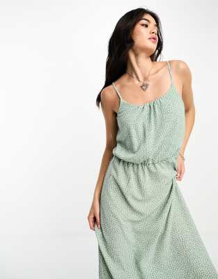 ONLY ruched out maxi dress in green spot ASOS