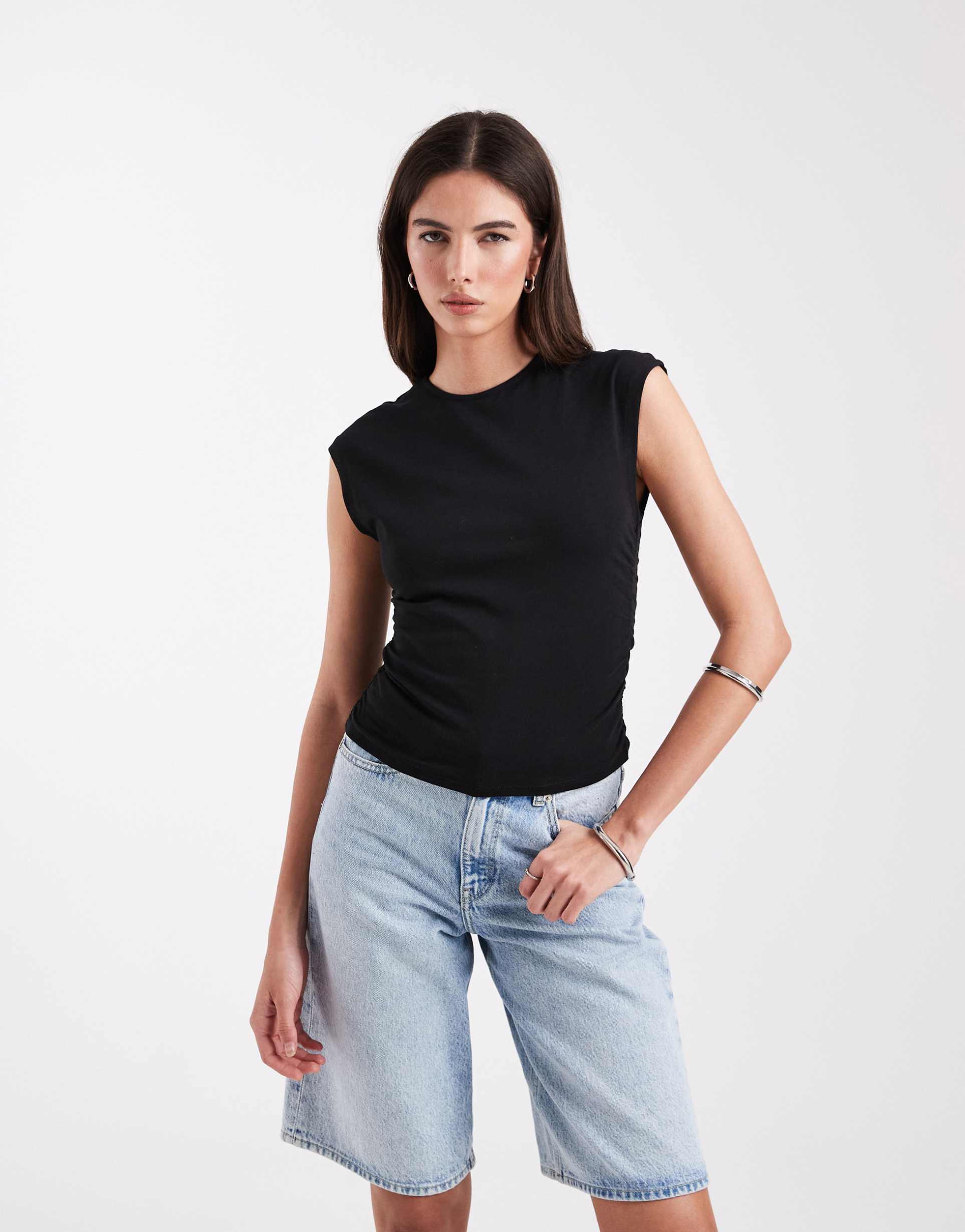 only ruched sleeveless top in black