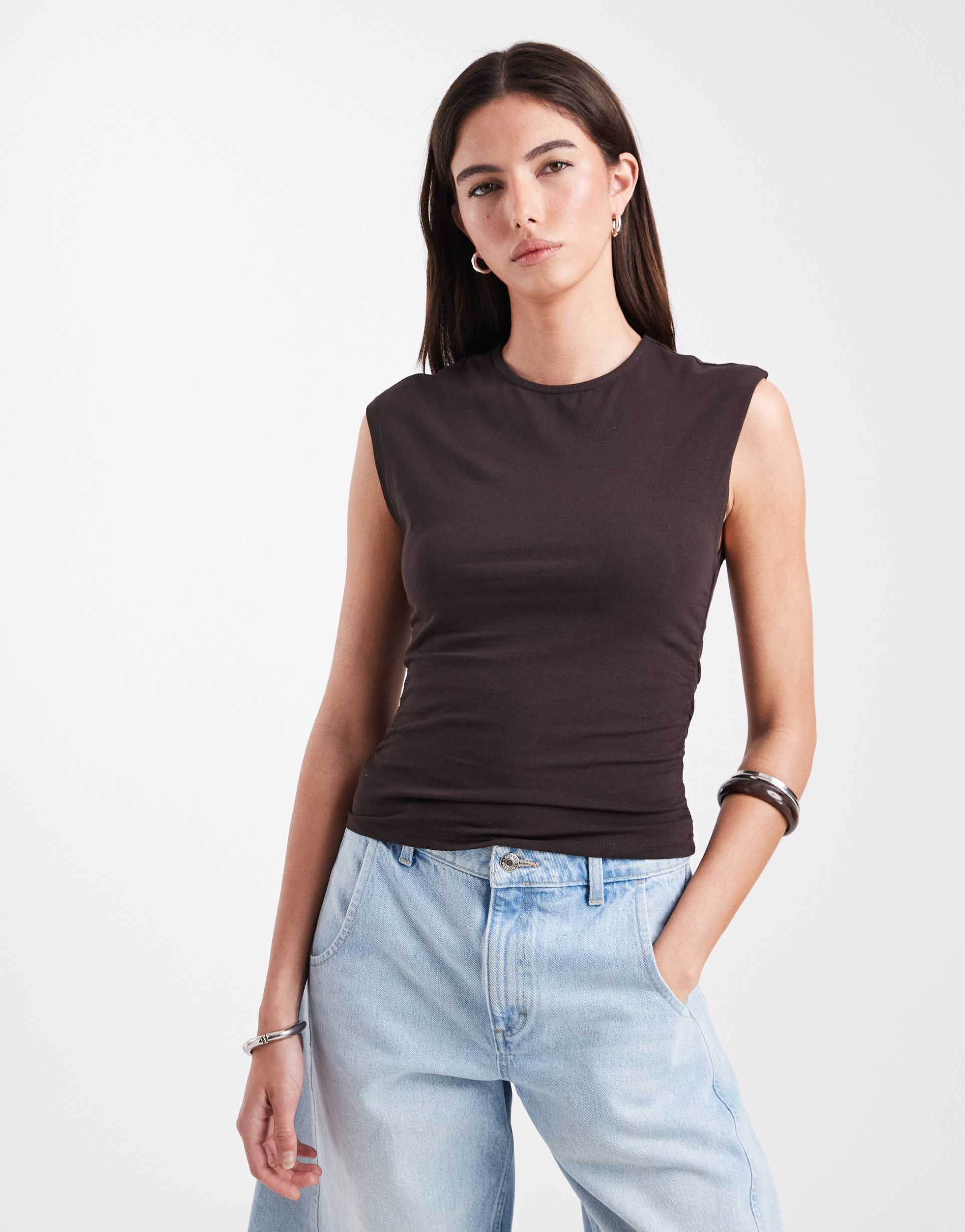 only ruched sleeveless top in brown