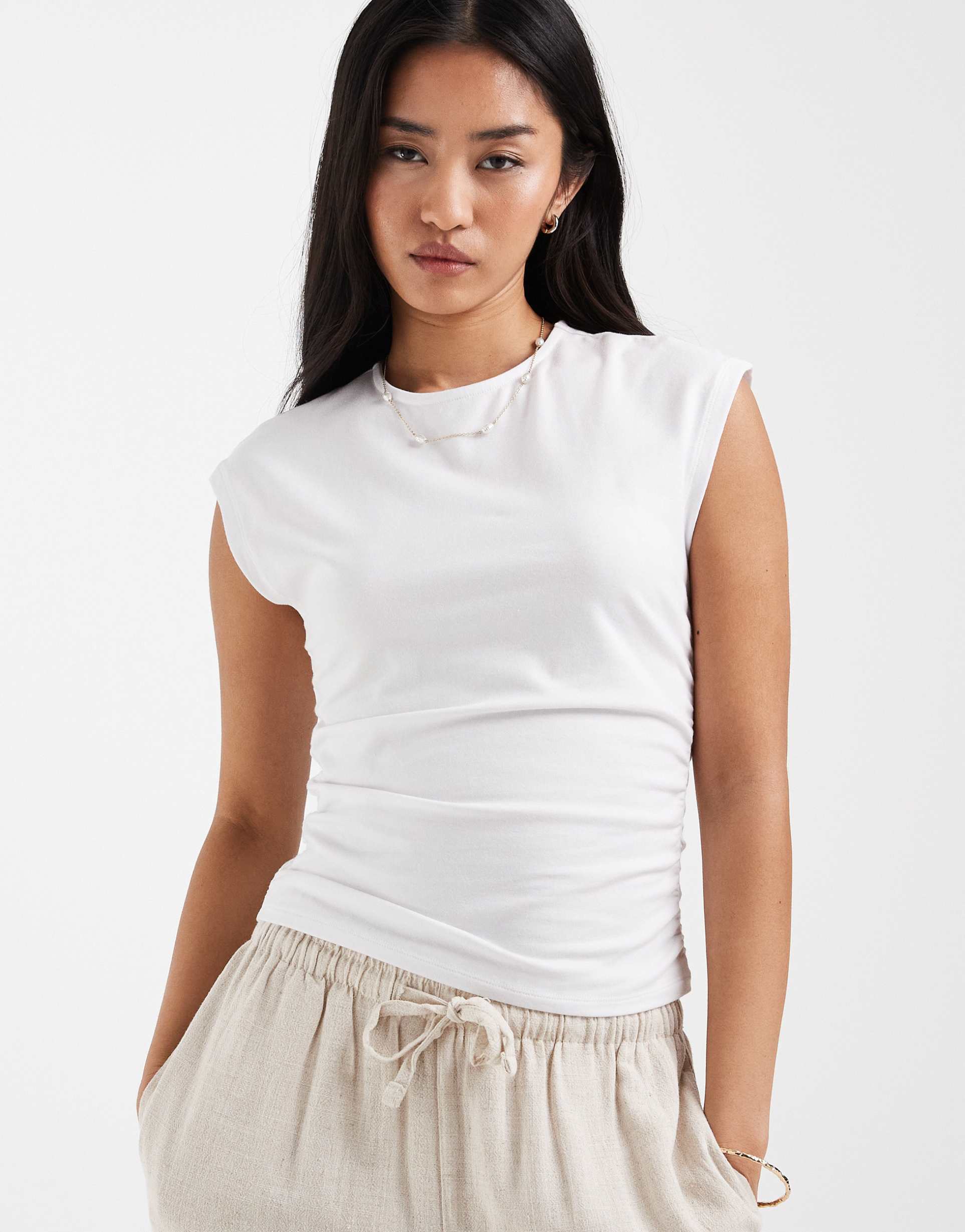 only ruched sleeveless top in white