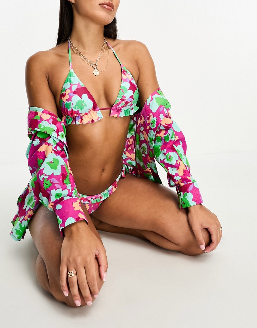 ONLY ruffle detail triangle bikini top co-ord in pink floral-Multi