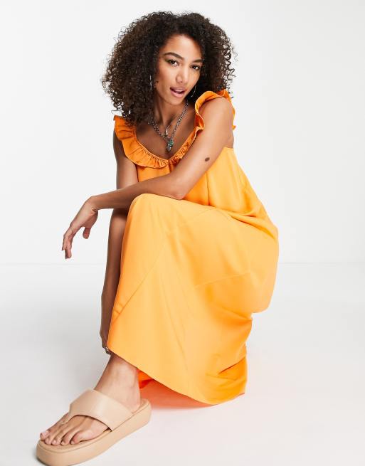 Only ruffle strap maxi dress in bright orange, 2 of 4