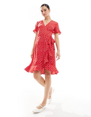 Only Ruffle Wrap Mini Dress In Red Ditsy Floral