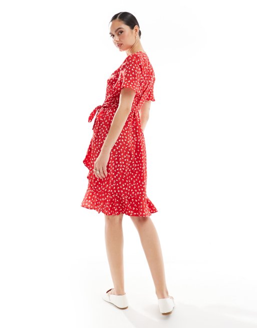 ONLY ruffle wrap mini dress in red ditsy floral | ASOS