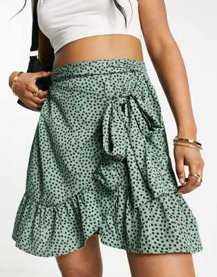 ONLY ONLY ruffle wrap mini skirt in green spot