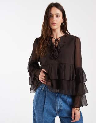 Only Ruffles Detail Blouse In Brown