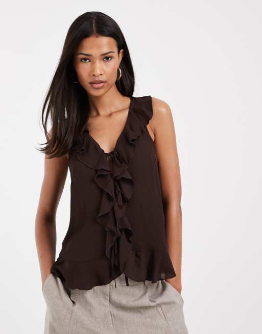 ONLY ruffles detail tie front top in chocolate brown, 3 of 4