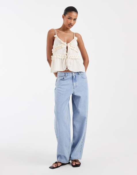ONLY ruffles detail tie front top in cream - view 1