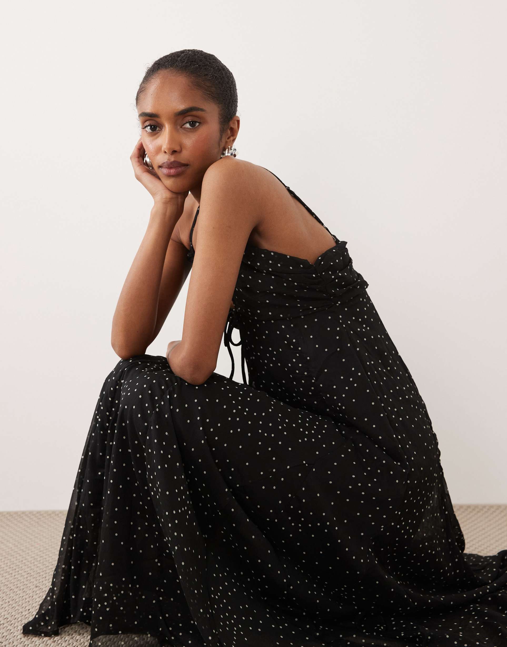 only ruffles details maxi dress in black polka dots