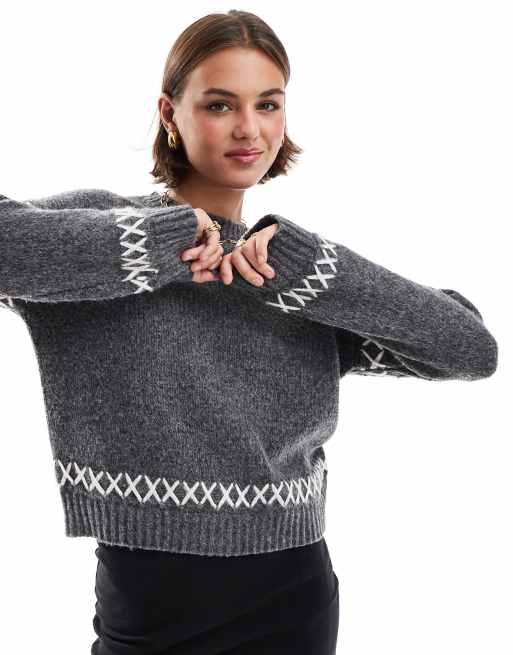 ONLY – Rundhalspullover in Dunkelgrau mit Kontrastdetails , 2 von 4