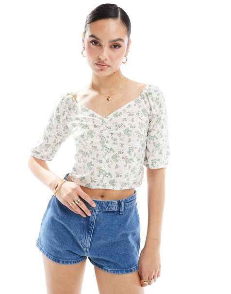 ONLY rushed crop top with floral print in off white  - view 1