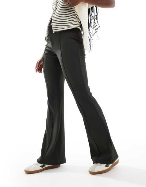 ONLY Sally high waist ribbed flared trousers in dark khaki - view 1