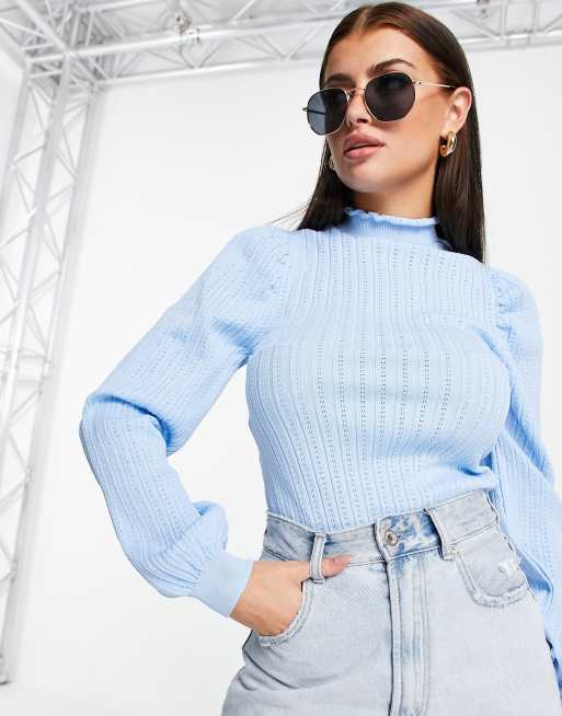 Puff Sleeve Ribbed Knitted Top Blue