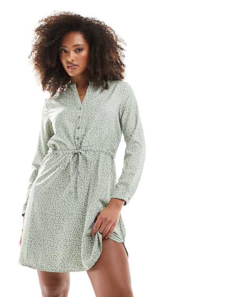 ONLY - Salviegrøn kjole med bindebånd i taljen og print - view 1