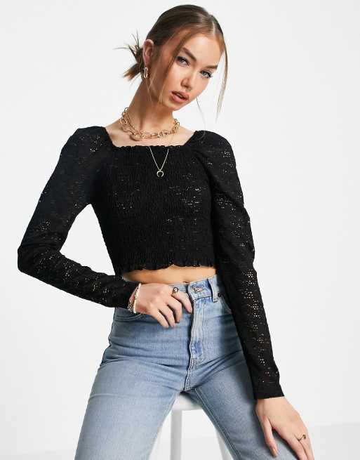 Only - Sannie - Crop top in pizzo a maniche lunghe con arricciature, colore nero
