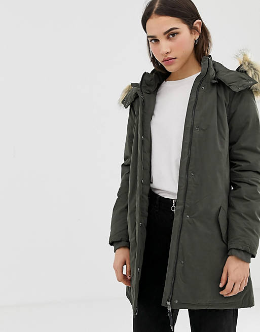 Only Sarah parka coat with faux fur hood | ASOS