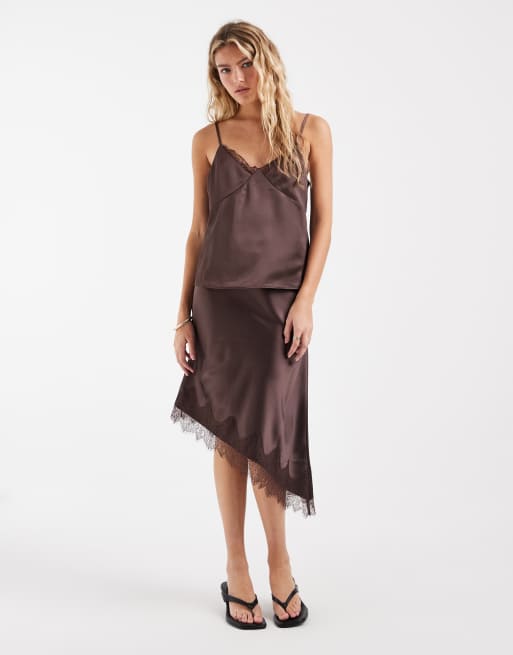 ONLY - Satijnen camitop met kanten details in bruin, deel van co-ord set, 2 van 4