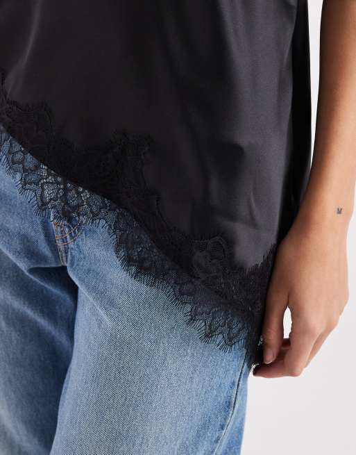 ONLY satin asymm lace hem cami top in black, 3 of 4