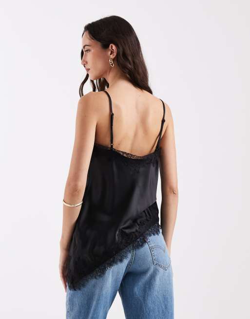 ONLY satin asymm lace hem cami top in black, 4 of 4
