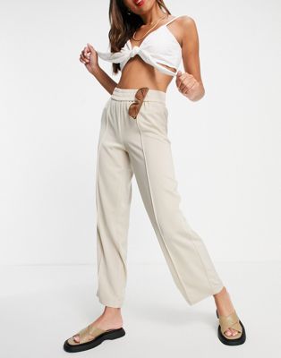 Only satin casual trousers with pintuck front in beige