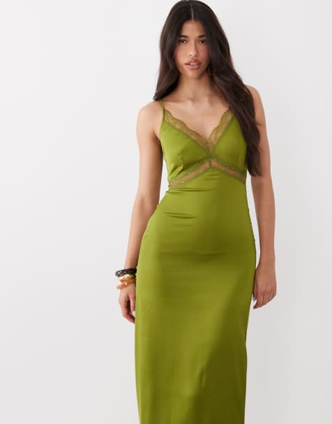 ONLY satin feel maxi dress with lace detail in olive - view 1