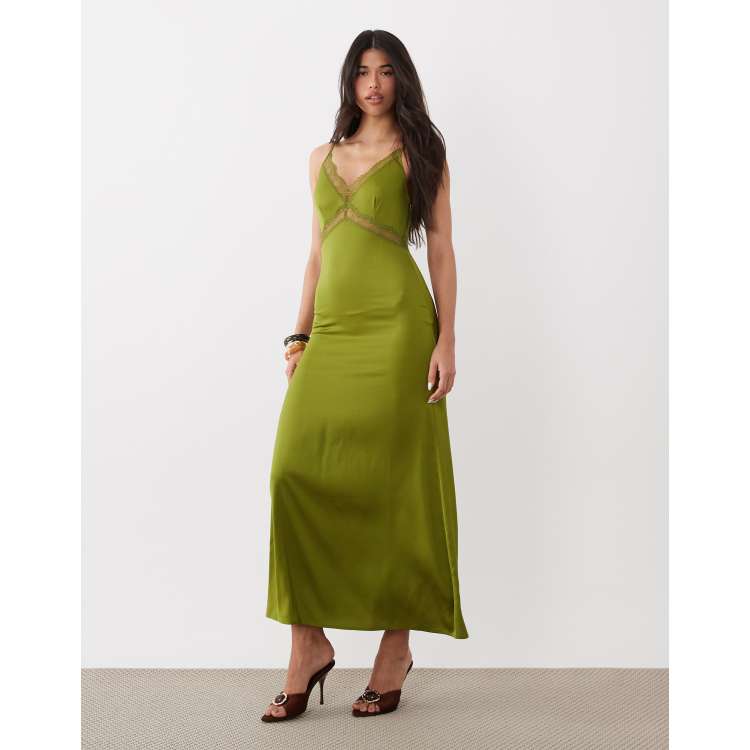 ONLY satin feel maxi dress with lace detail in olive | ASOS