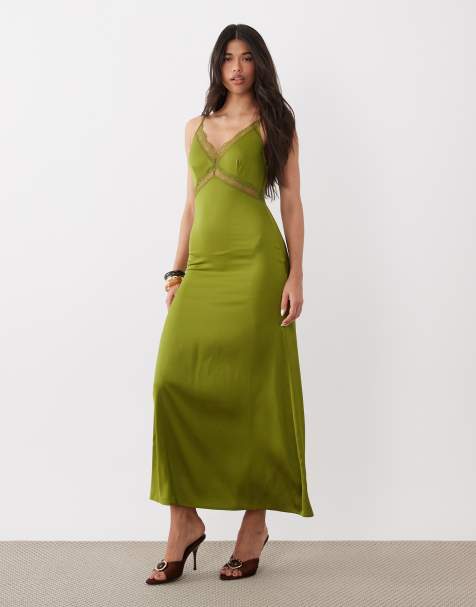 ONLY satin feel maxi dress with lace detail in olive