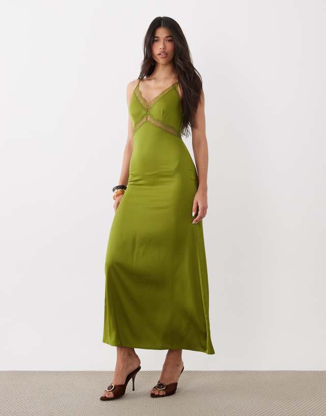 seed green dress ONLY satin feel maxi with lace detail in olive Women's Festival Dress