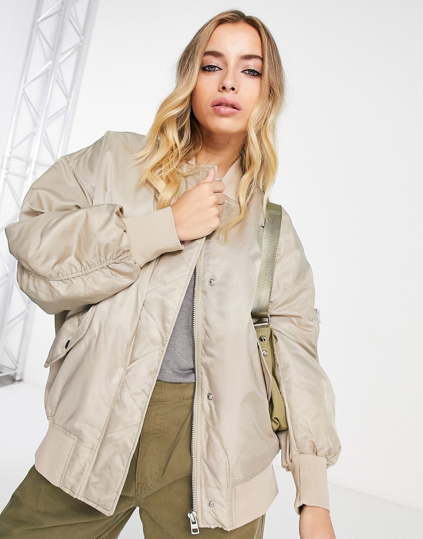 Only satin longline bomber jacket in stone-White