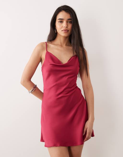 ONLY – Satin-Minikleid in leuchtendem Rosa mit Wasserfallausschnitt, 2 von 4
