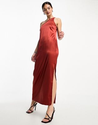 Only Satin One Shoulder Maxi Dress In Rust-red