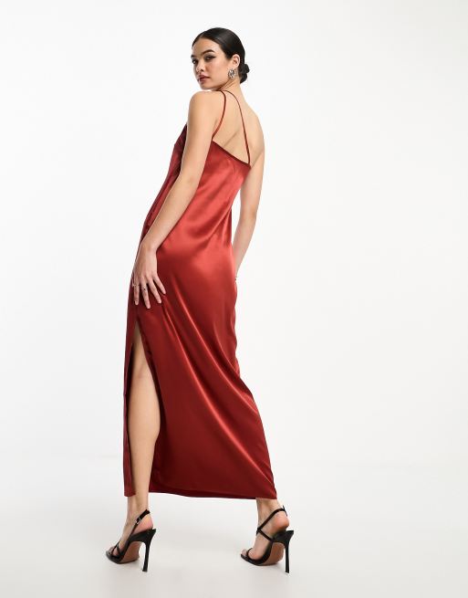 ASOS DESIGN one shoulder satin bodysuit in rust