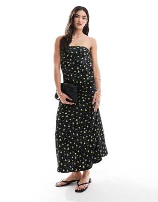 satin open back maxi dress in black with yellow floral