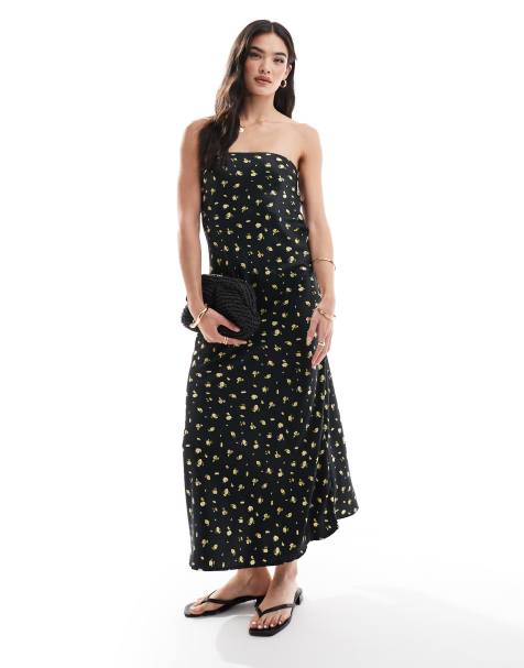 ONLY satin open back maxi dress in black with yellow floral - view 1
