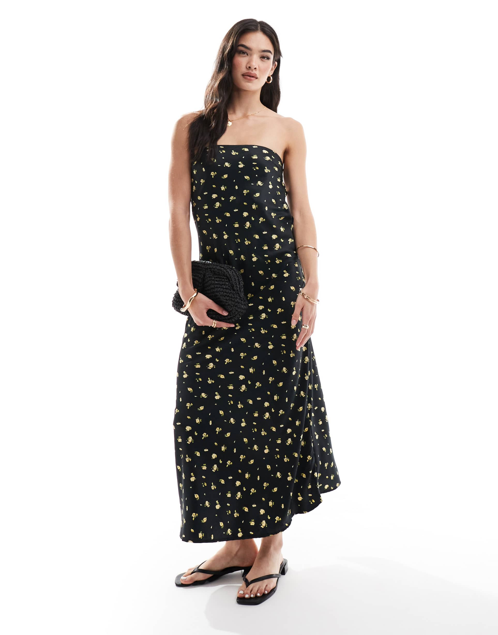 only satin open back maxi dress in black with yellow floral