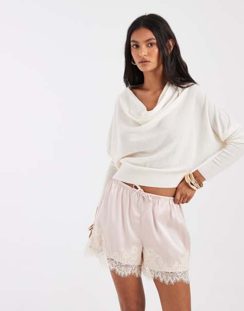 ONLY satin shorts in pink with cream lace detail - view 1
