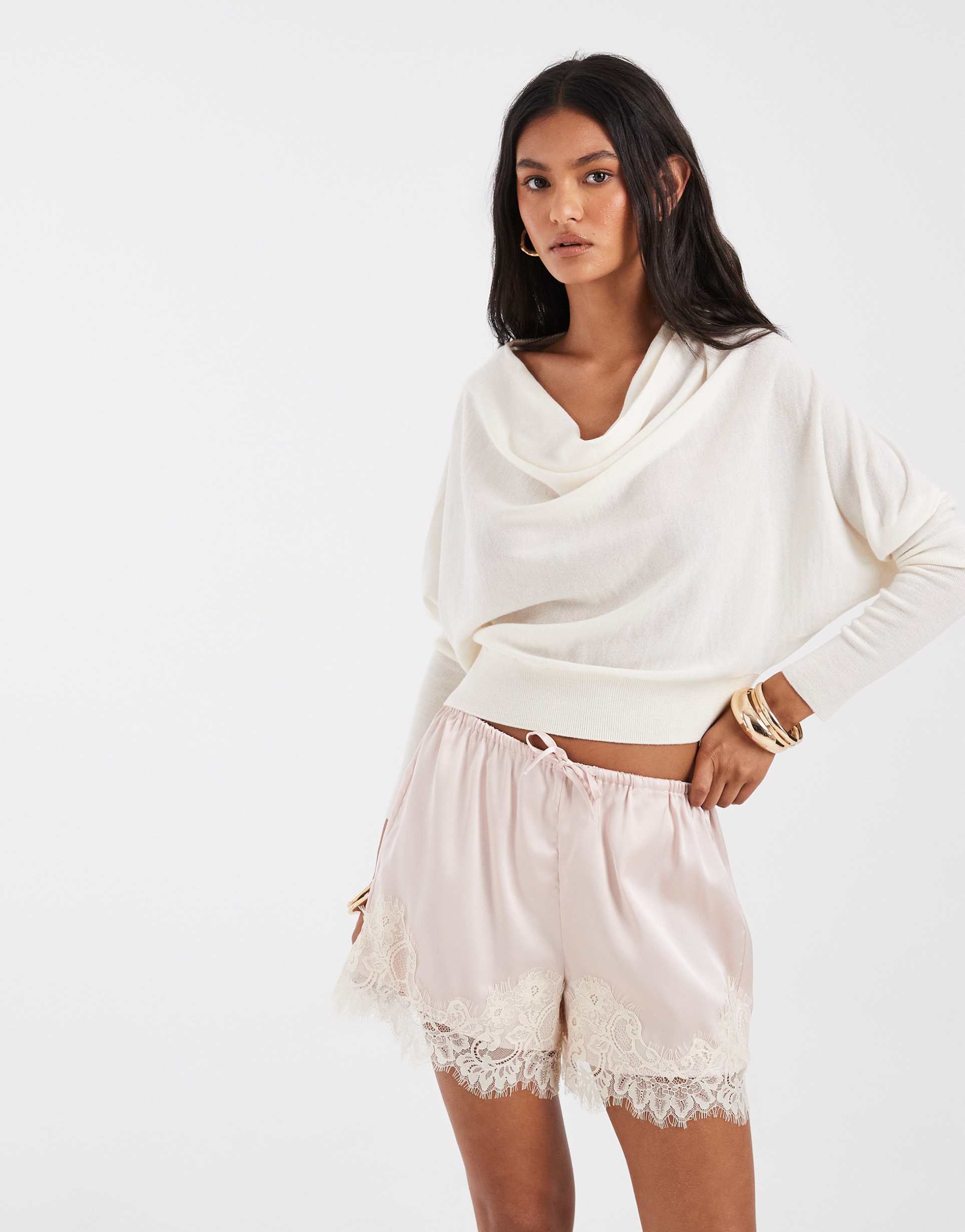 only satin shorts in pink with cream lace detail