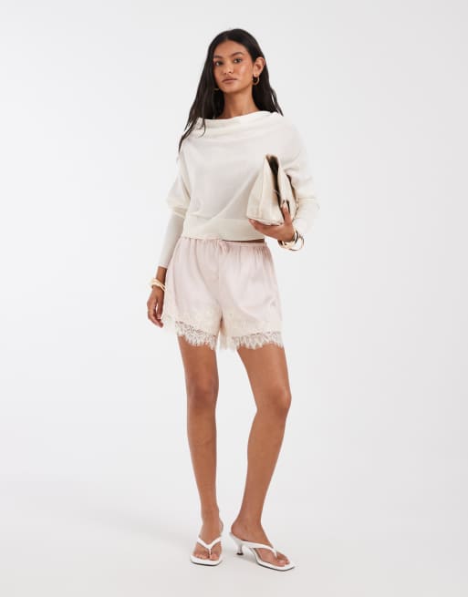 ONLY satin shorts in pink with cream lace detail, 3 of 5