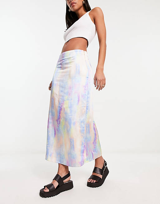 Only satin slip midi skirt in pastel tie dye | ASOS
