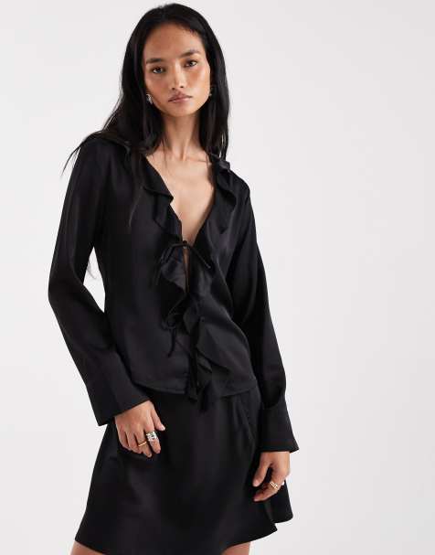 ONLY satin tie front top co-ord in black - view 1