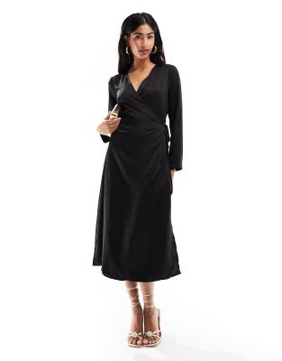 satin wrap midi dress in black