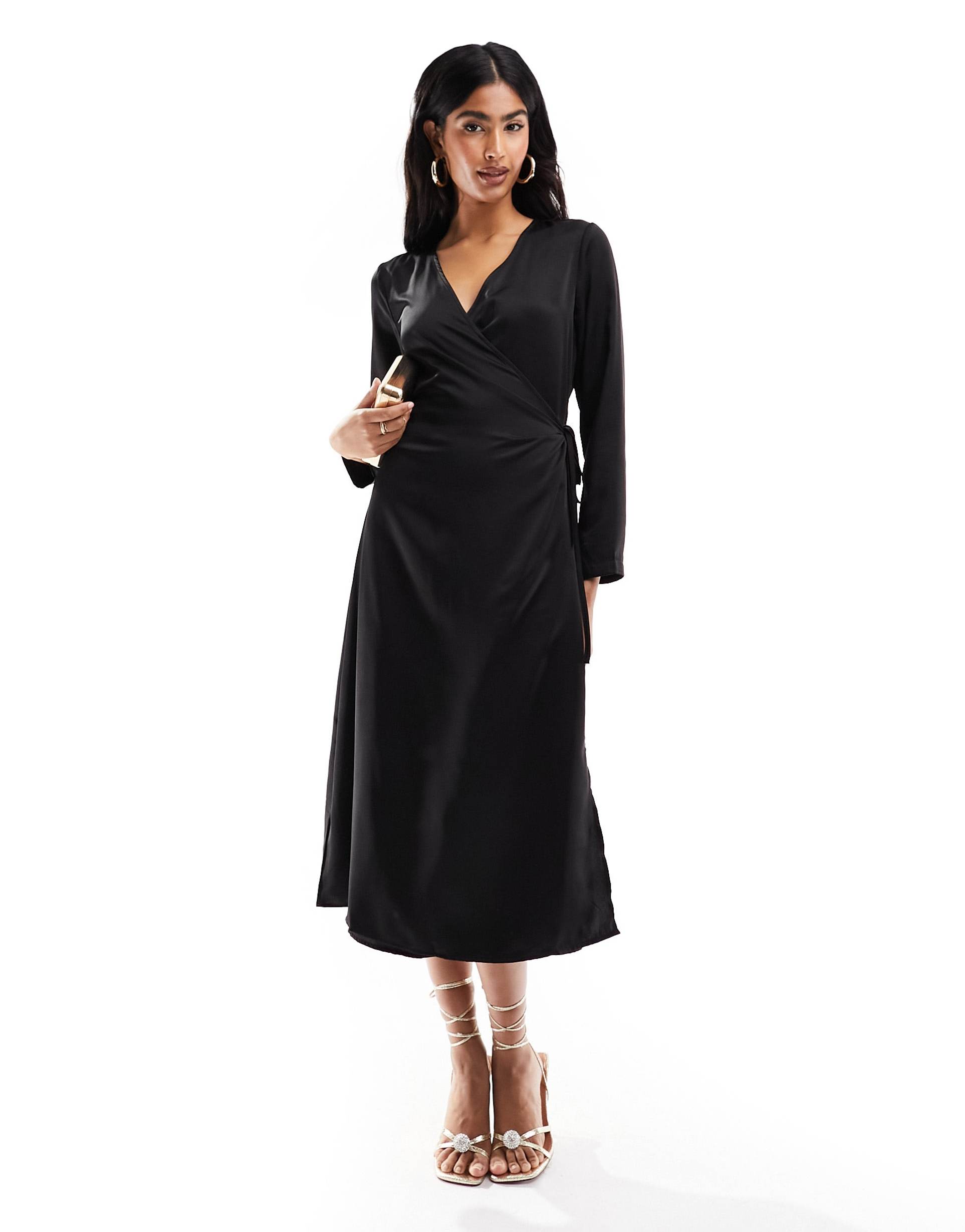 only satin wrap midi dress in black