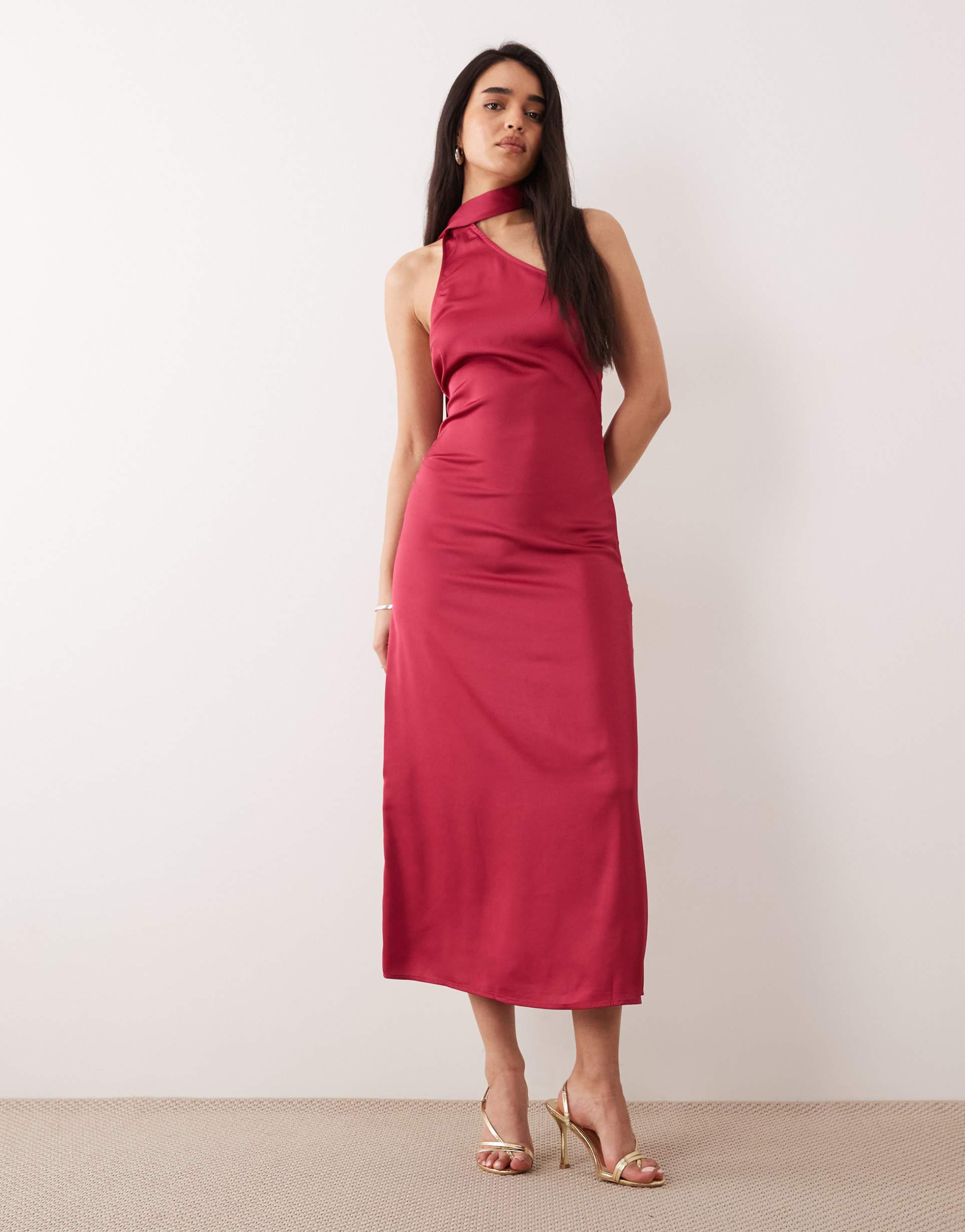 only scarf detail one shoulder midaxi dress in dark pink