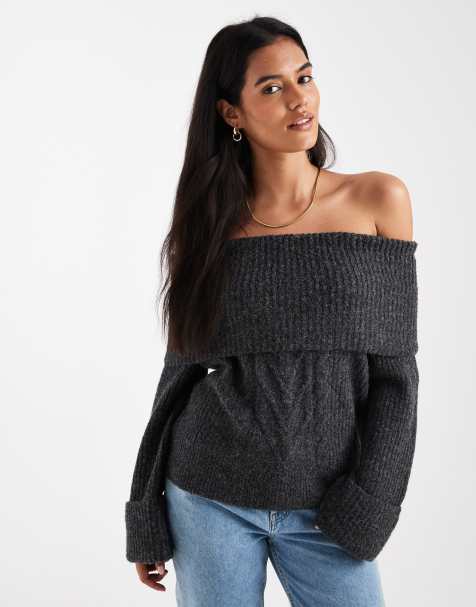 ONLY – Schulterfreier Strickpullover in Dunkelgrau - view 1